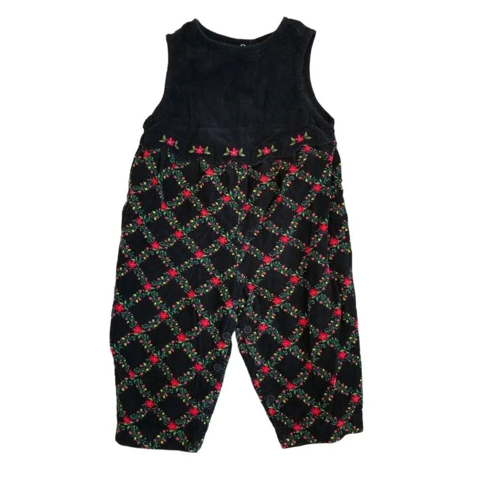 Vintage 90s Gymboree Girls 12-18 Months Corduroy Floral Black Jumpsuit One Piece